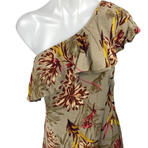 ASTR The Label Beige Floral One Shoulder Ruffle Tropical A Line Mini Dress Sz M - Picture 3 of 5